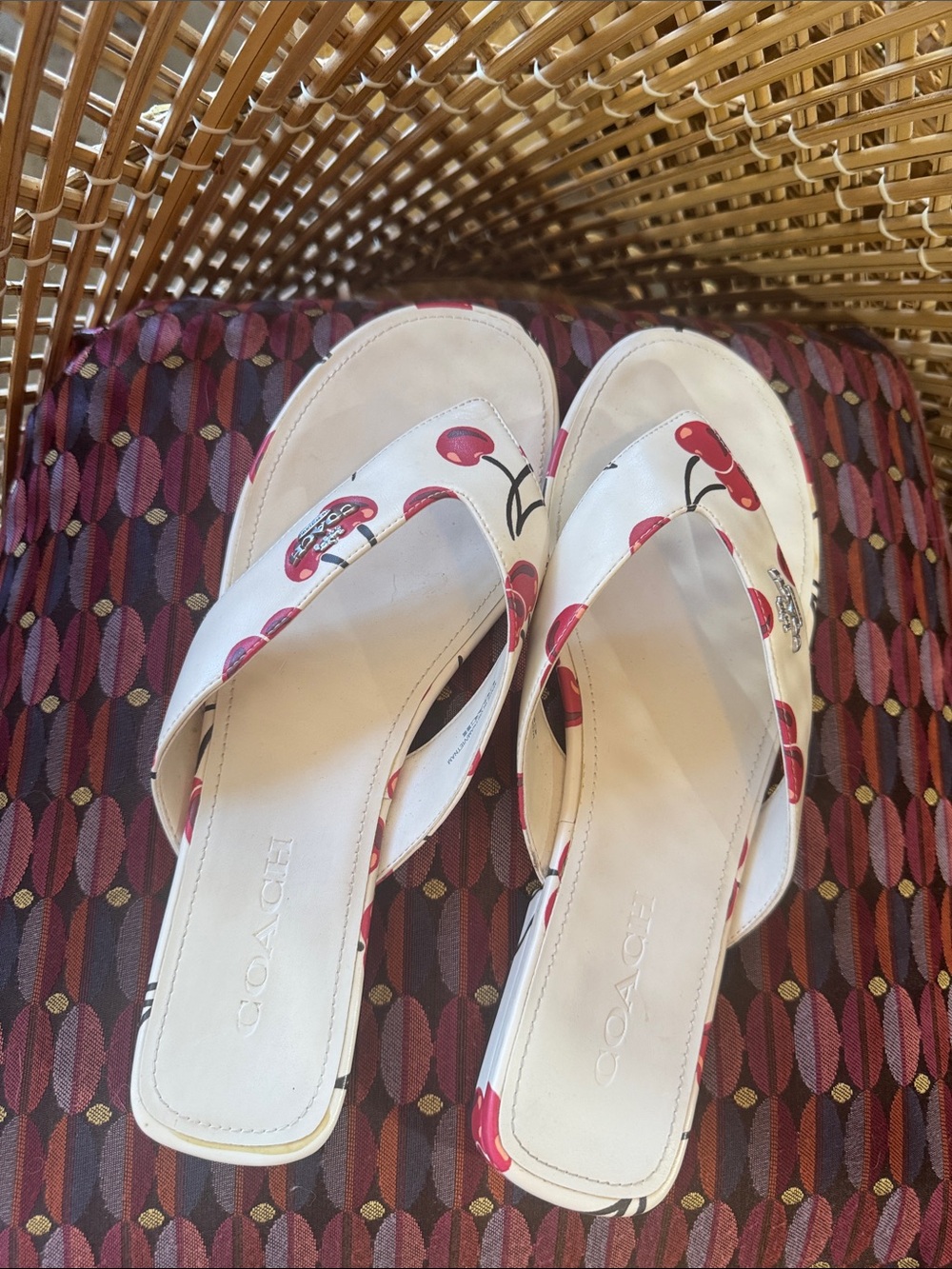 Coach White Leather Flip Flops with Red Cherry Print - Picture 4 of 4